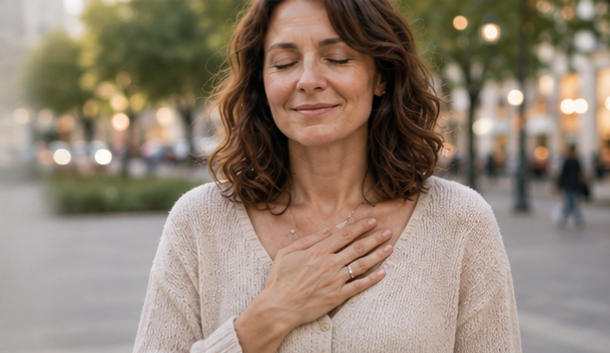 femme hypersensible main sur le coeur pour une connexion à elle-même