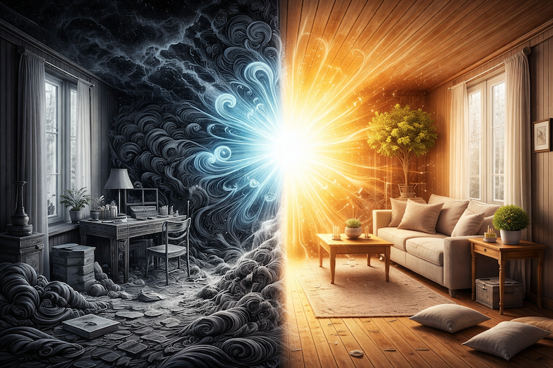 Piece-divisee-en-deux-ombre-lumiere- nettoyage-lieu Pièce avant-après un nettoyage énergétique