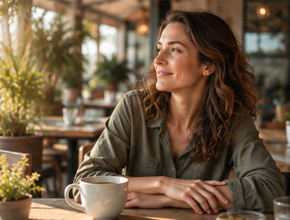 Femme sereine prenant un moment pour elle dans un café en terrasse