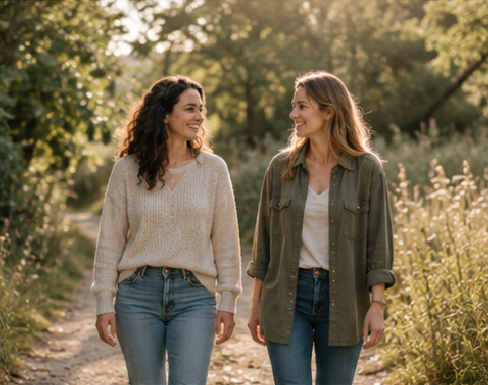 Deux femmes marchant ensemble dans la nature en toute complicité