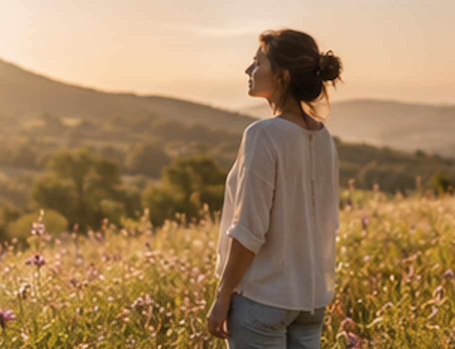Femme les yeux fermés devant champs de fleurs qui se ressource