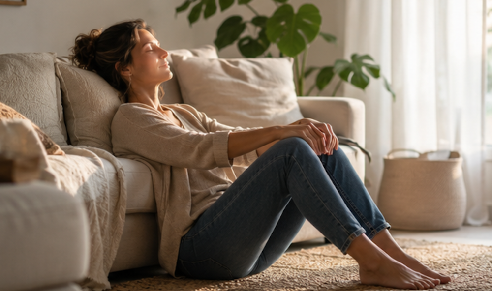 Femme assise contre son canapé, fatiguée, yeux fermés