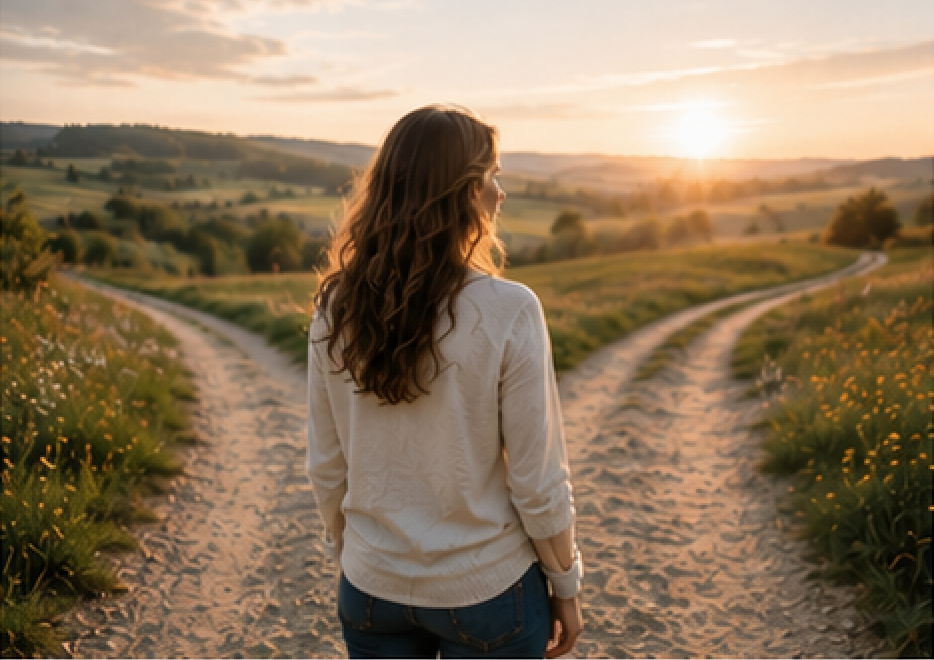 femme-choix-chemins-relation-toxique Femme devant deux chemins au lever du soleil réfléchissant à son choix