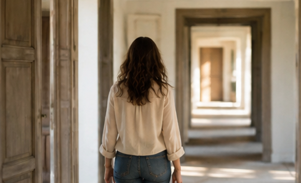Femme face à plusieurs portes ouvertes symbolisant des choix