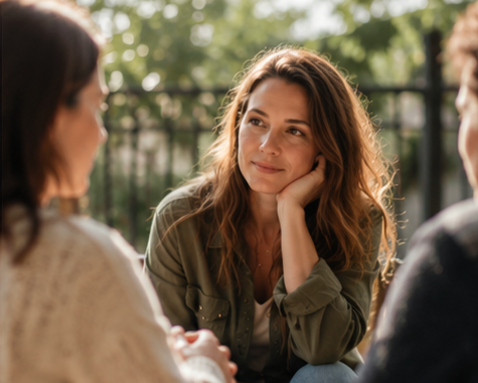 Femme attentive lors d'une conversation entre amis à l'extérieur