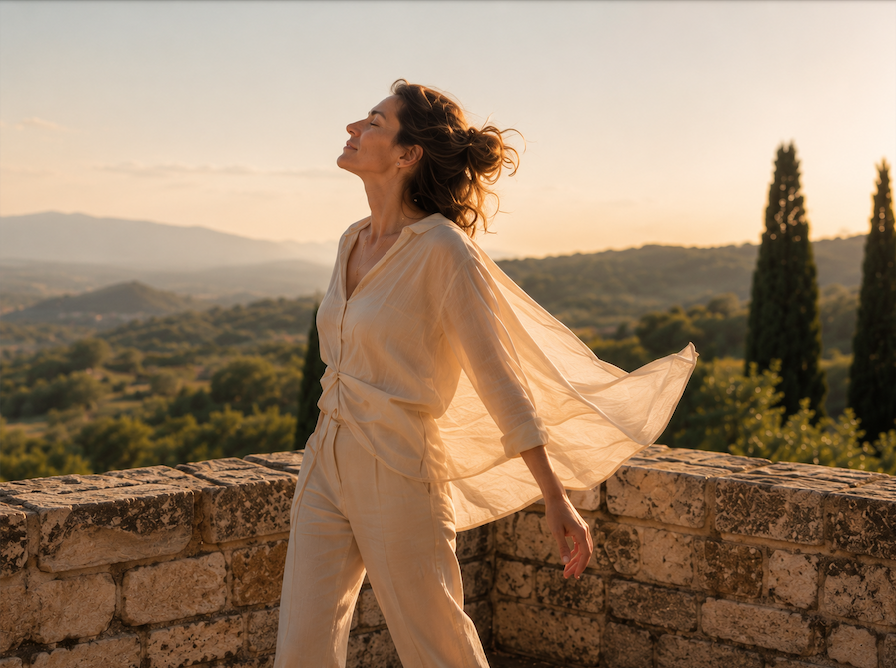 Femme hypersensible respirant profondément dans la nature pour retrouver son calme