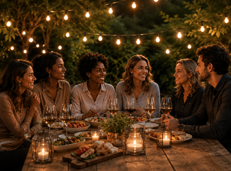 Femme hypersensible partageant un repas convivial avec un groupe d'amis
