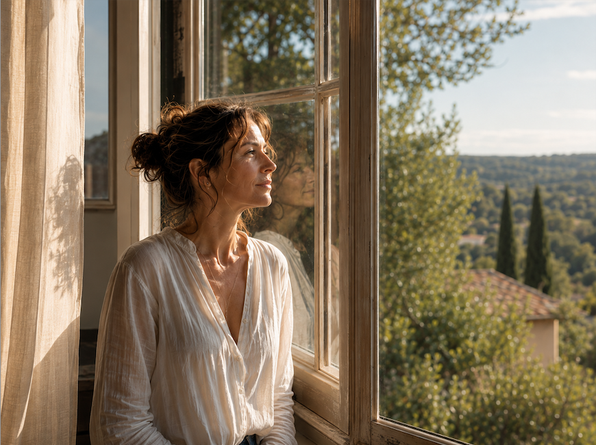 Femme hypersensible près d’une fenêtre ressentant intensément les émotions des autres