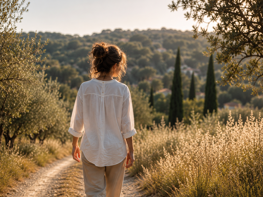 Femme hypersensible marchant seule dans la nature pour se recentrer