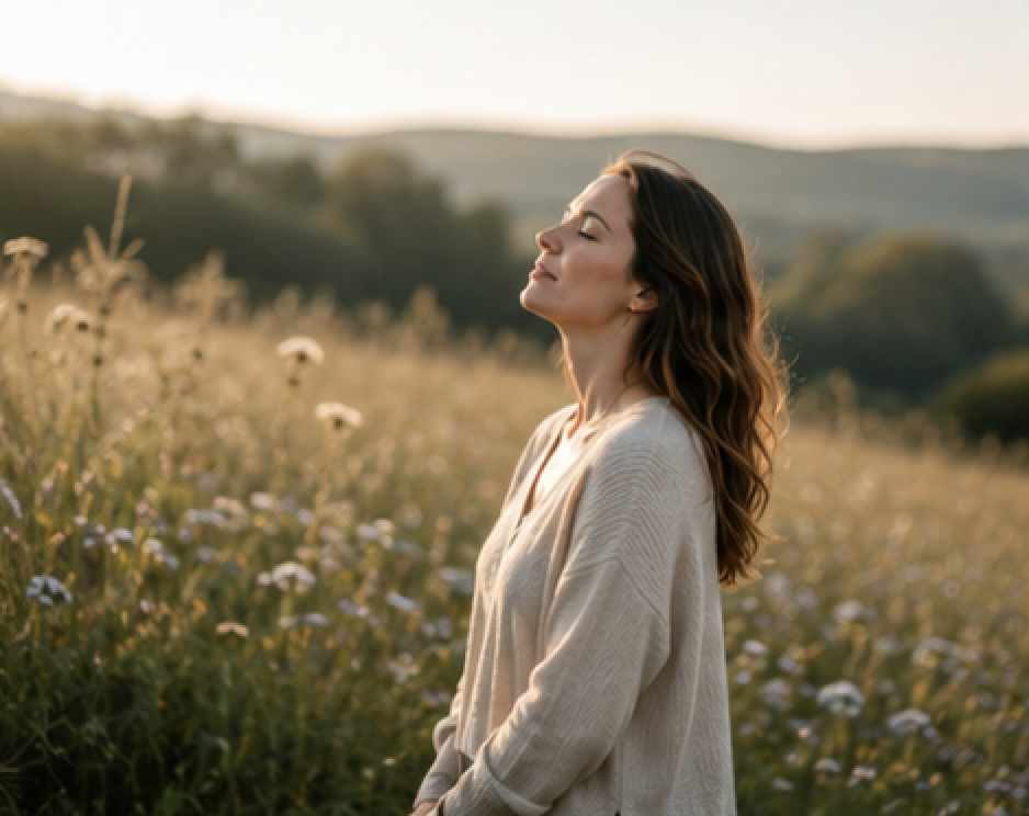 Femme dans la nature respirant profondément avec sérénité