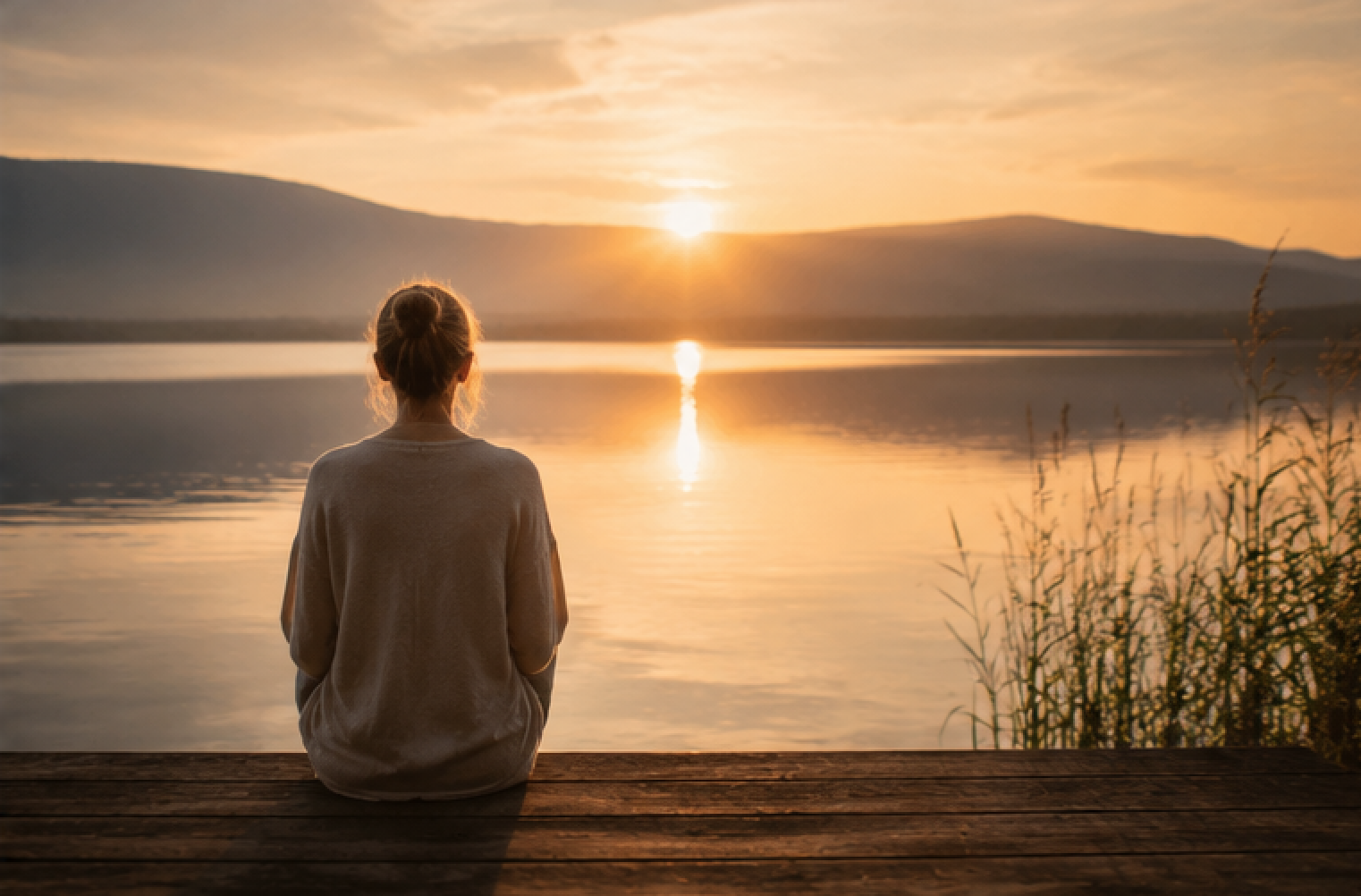 femme assise serine devant lac et coucher de soleil