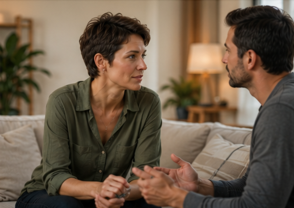 Femme cheveux courts discutant avec un homme dans un échange sincère et bienveillant