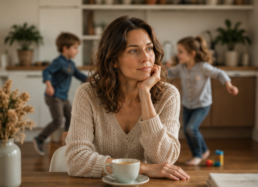 Femme assise à une table pensant pendant que ses enfants jouent en arrière plan