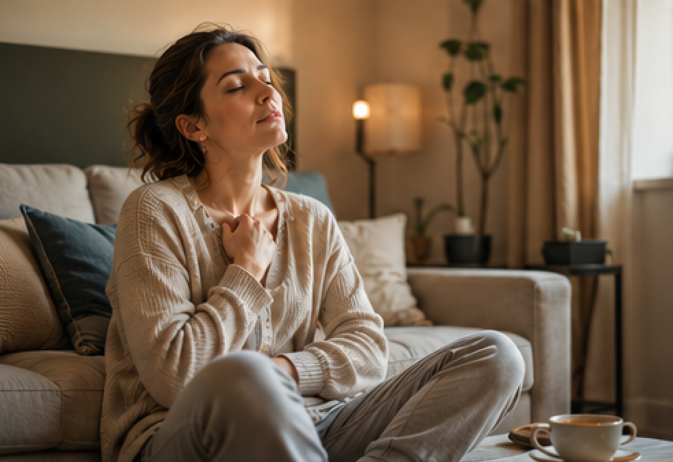 Femme prenant un moment pour elle après une journée chargée à la maison