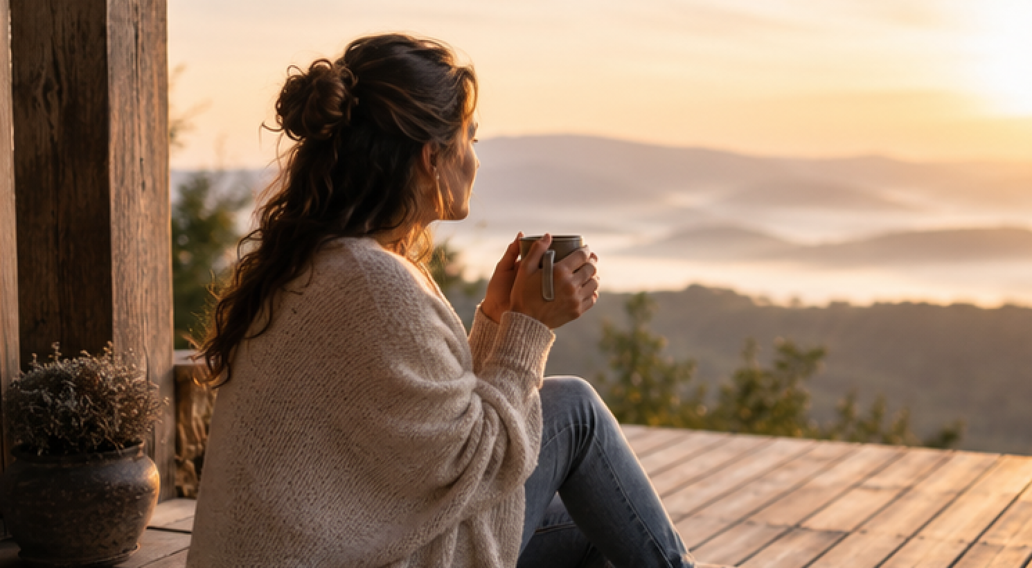Femme assise devant paysage avec tasse dans les mains besoin de se poser
