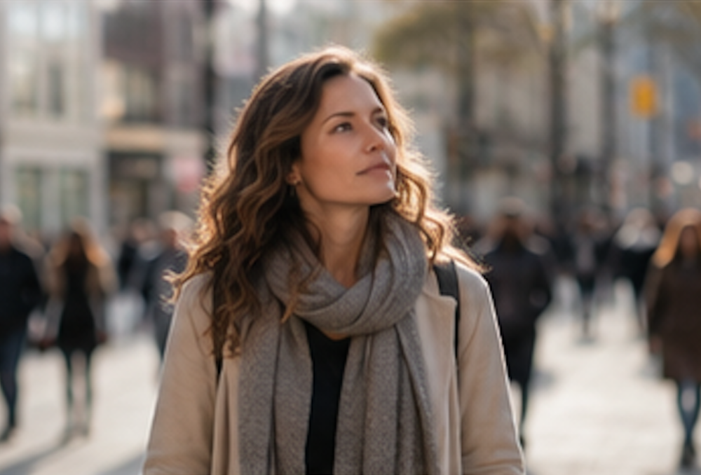 Femme marchant dans la rue au milieu d'une foule