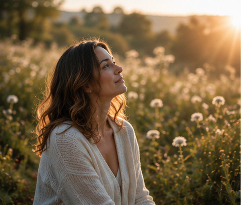 Femme en réflexion dans la nature regard tourné vers la lumière du soleil