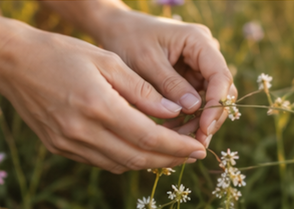 Deux mains de femme touchent des fleurs pour se reconnecter à leur nature